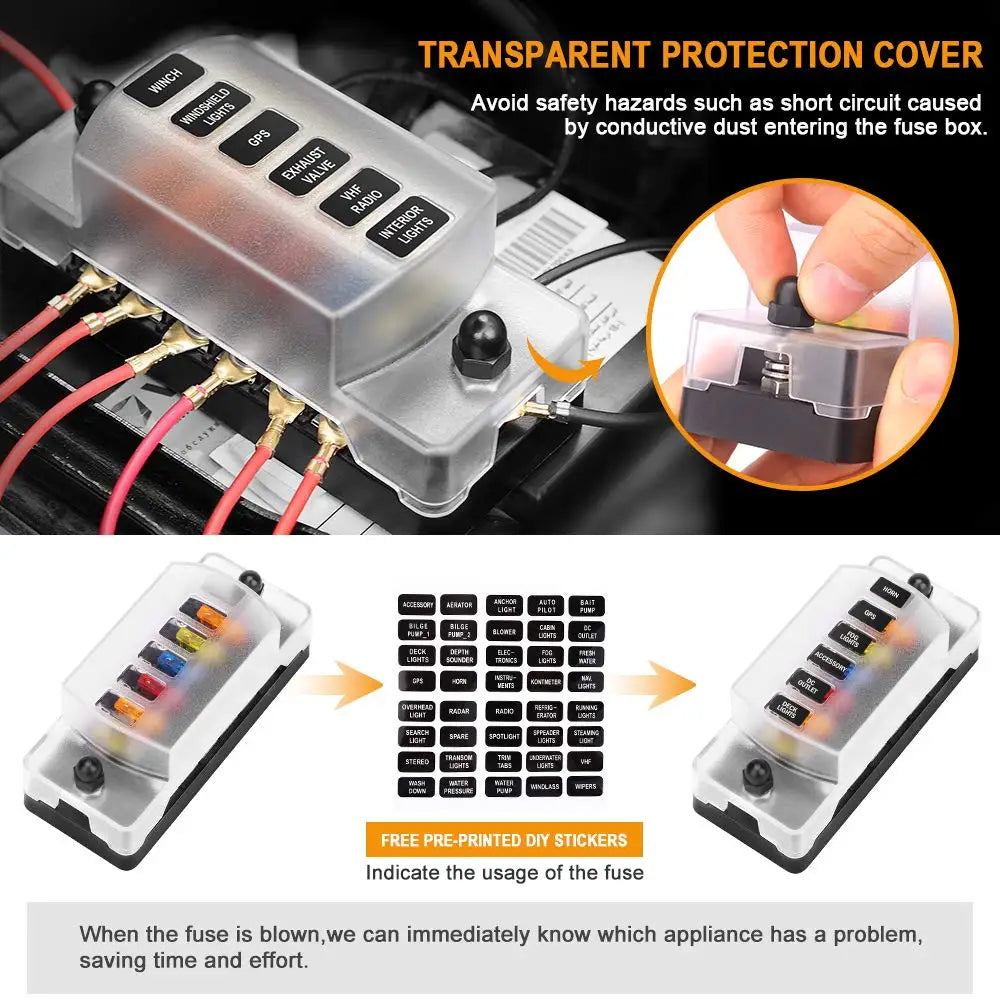 6 Way Fuse Box with Negative Bus Waterproof 6 Circuit Automotive Fuse Holder Fuse Block for 12V/24V Car Truck Boat Marine RV
