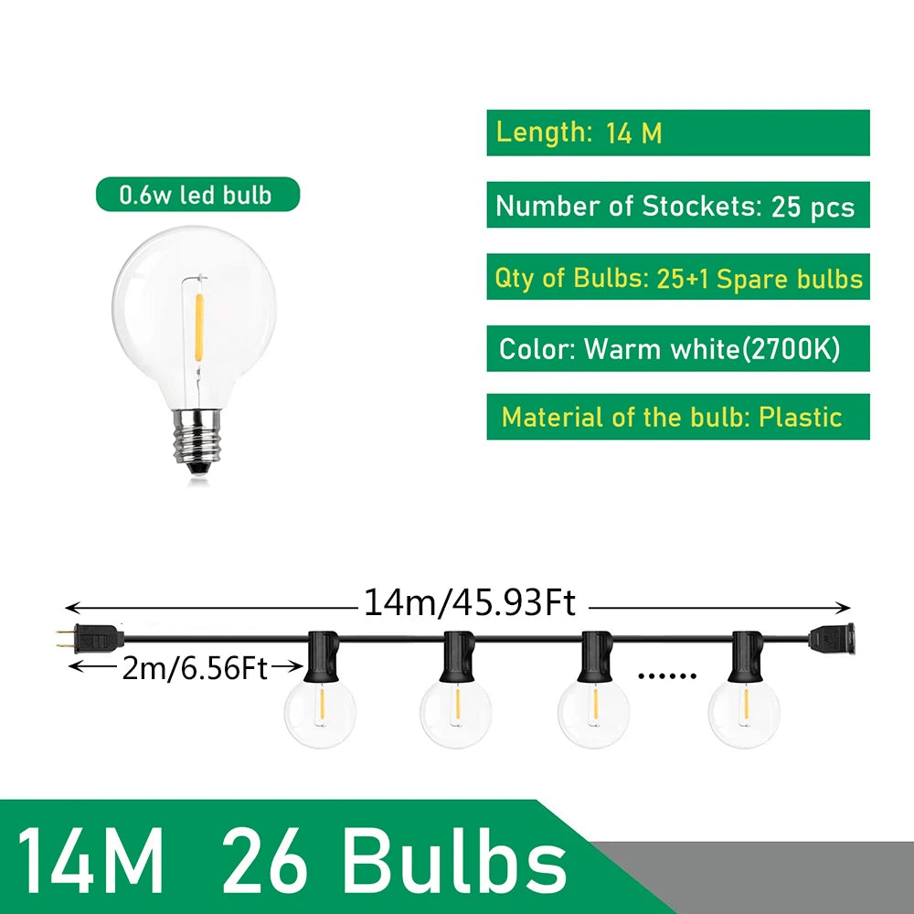110V/220V Outdoor String Lights LED G40 Festoon Fairy Patio Garland Lamp Wedding Street Camping Garden Party Decoration Lights