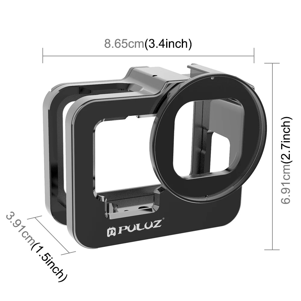 PULUZ for GoPro HERO12 11 Black 10 9 Black Thicken Housing Shell CNC Aluminum Alloy Protective Cage with Frame & 52mm UV Lens