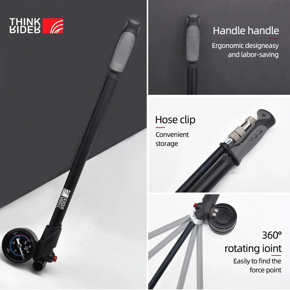 ThinkRider Bike Shock Pump 300psi with Gauge for Suspension Fork & Rear Shock, Black