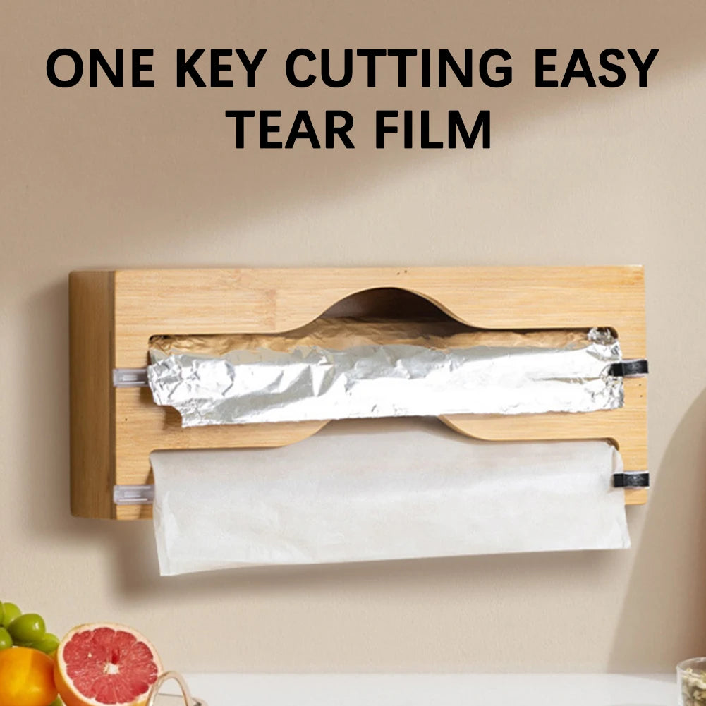 Foil Dispenser With Cutter,Wall Mounted Bamboo-Foil Cling Film Cutter,Kitchen Wrap Dispenser,Kitchen Organization