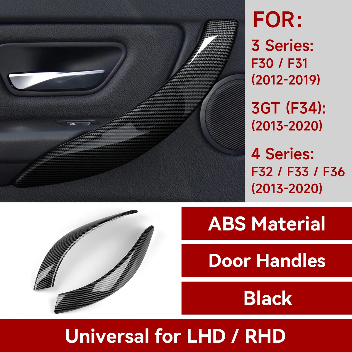 For BMW F30 F31 F34 3GT F32 F33 F36 (2012-2020) Door Handrail Panel Cover Car Trim Accessories, Carbon Fiber ABS Sticker