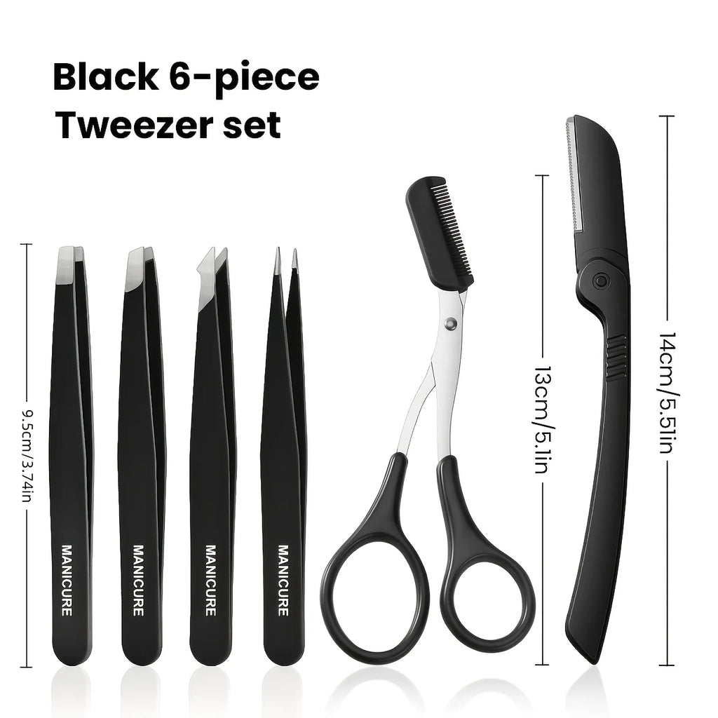 6pcs Professional Stainless Steel Precision Tweezers & Scissors Suitable for Eyebrow Trimming Facial Hair Removal Tool Gifts