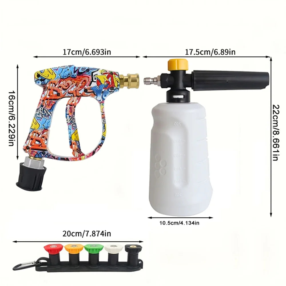 Vibrant Painted Pressure Washer Gun with Plastic Foam Cannon + Bosch Adapter + 5-Color Nozzle Set, Specialized for Low-Power Cle