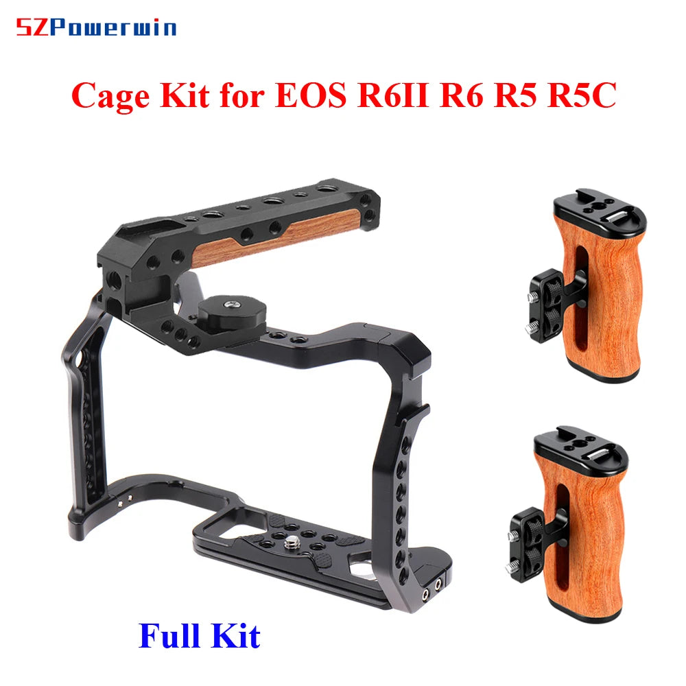 Powerwin Camera Cage For Canon EOS R6 Mark II R6II R6 R5 R5C wooden Handgrid Handle Kit Aluminum Alloy Arri Locating Screw