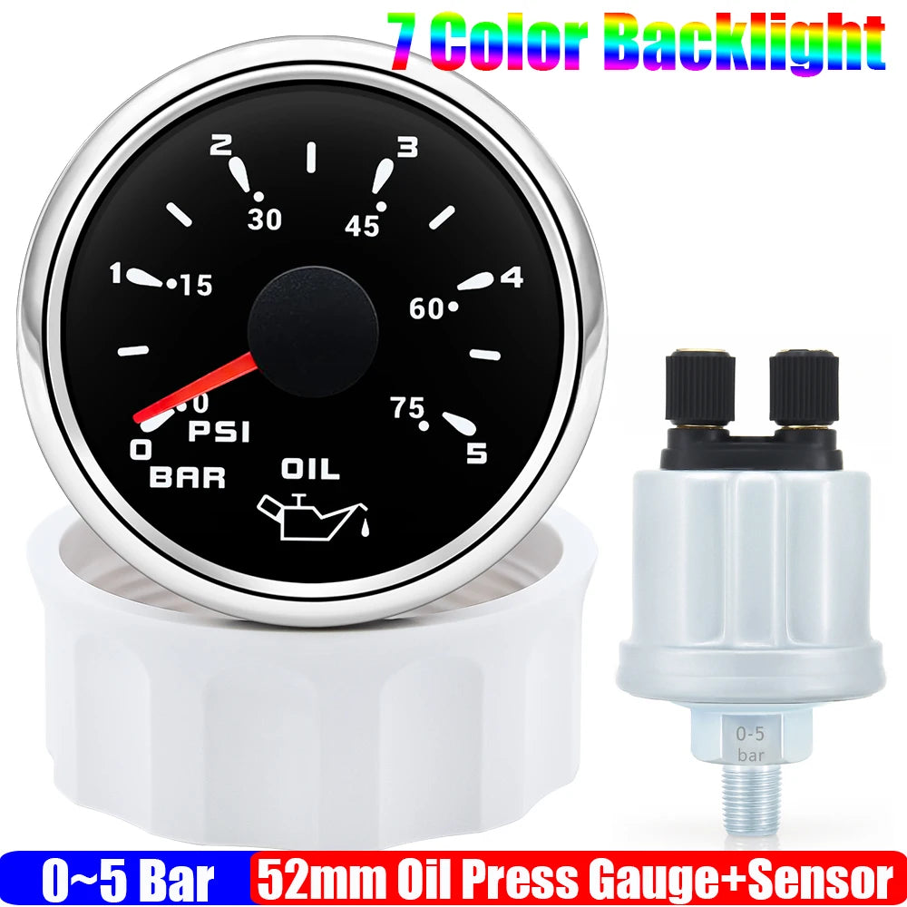 Custom Auto Car 52mm Oil Pressure Gauge+Sensor 7 Color Backlight 0~5Bar 0-10Bar Oil Press Meter with Sensor Marine Boat 12V24V