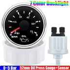 Custom Auto Car 52mm Oil Pressure Gauge+Sensor 7 Color Backlight 0~5Bar 0-10Bar Oil Press Meter with Sensor Marine Boat 12V24V