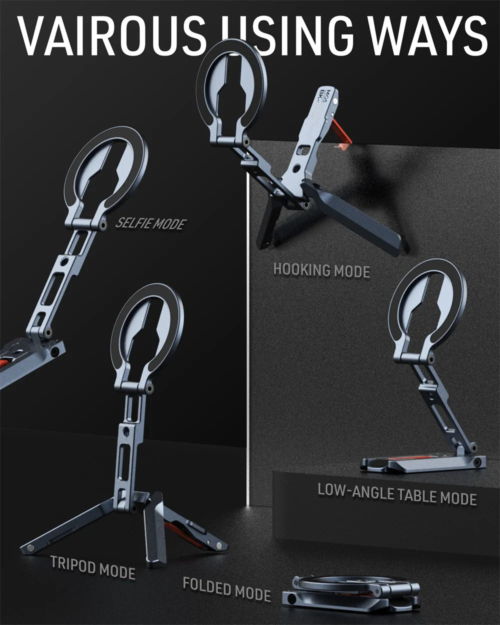 Foldable Magnetic Phone Tripod Stand with Hook, Arca Mount + Cold Shoe, Aluminum, iPhone/Android
