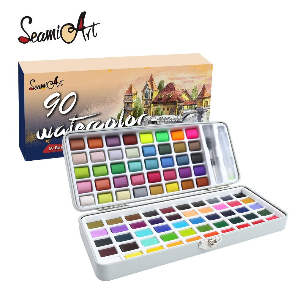 Seamiart 50/72/90/100 Color Solid Watercolor Paint Set Basic Neone Glitter Watercolor Pigments for Drawing Art Paint Supplies
