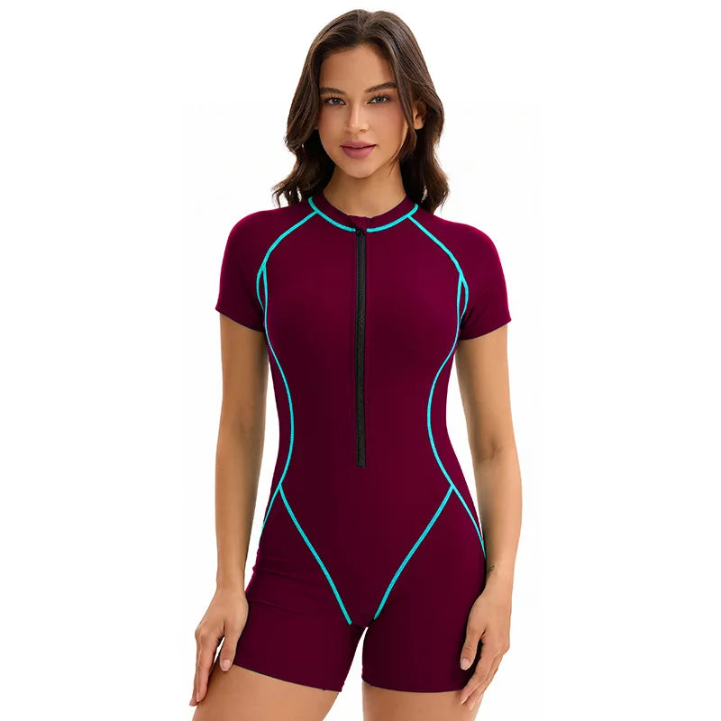 Women's One Piece Rash Guard Swimsuit with Zipper, Short Sleeve Surf Suit, S-XXL