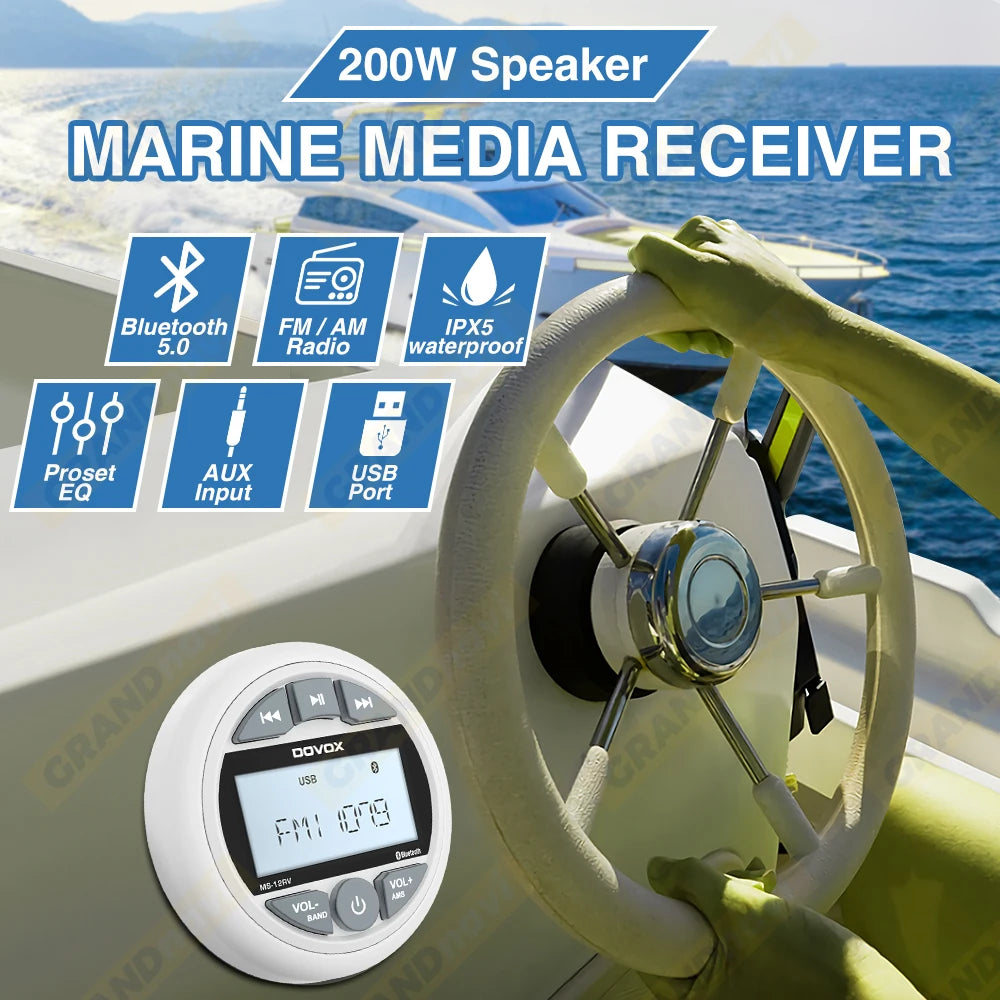 White Marine Stereo Boat Radio Bluetooth IPX5 Waterproof FM AM With Speaker Digital Media Audio For Yacht ATV UTV RV Golf Cart