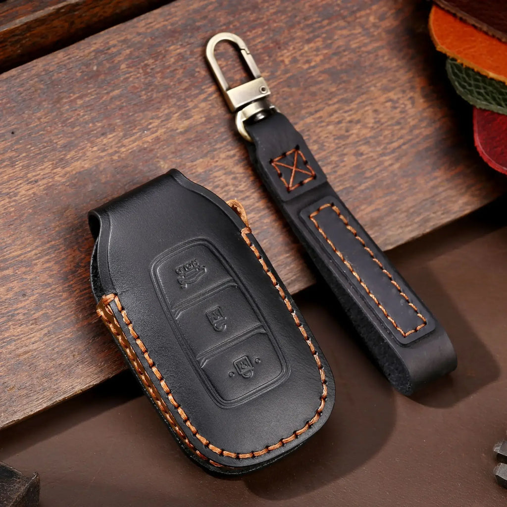 Leather car key fob cover case for Hyundai i30 Kona Elantra Santa Fe, black/blue/brown