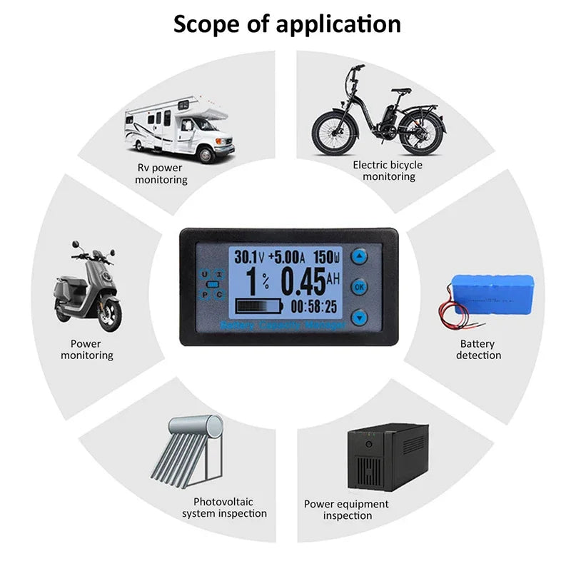 Wired Shunt Coulombmeter DC 8-120V 100/200/300/500A Energy Meter Battery Capacity Tester Low Voltage Alarm LCD Ammeter Voltmeter