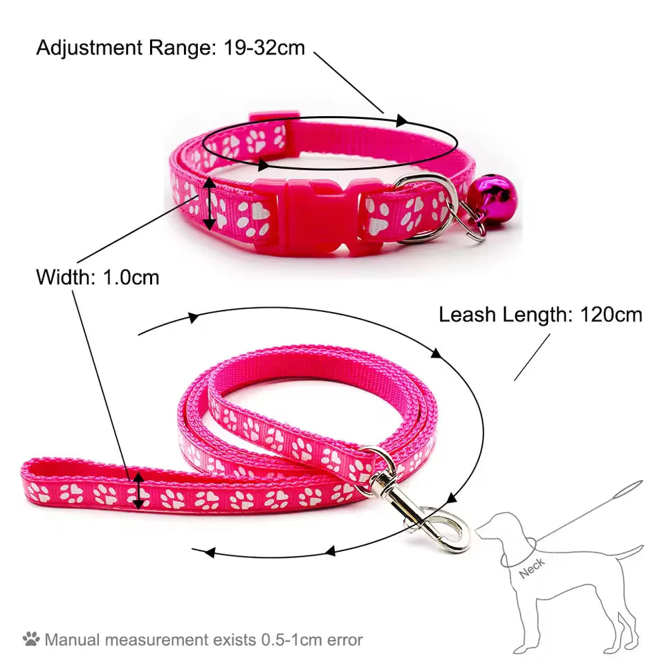 24pcs Dog Collar and Leash Set Adjustable Nylon Paw Print with Bell for Small Dogs Cats