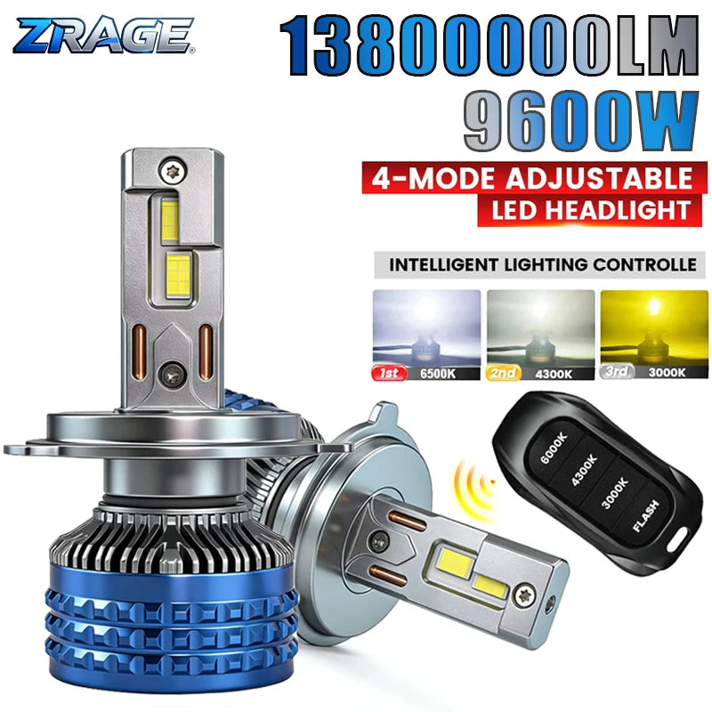 9600W H7 H11 LED Headlights Canbus H1 H4 9005 HB3 9006 HB4 6000K 4300K 3000K Three Color Remote Control Car LED Bulb Strobe Lamp