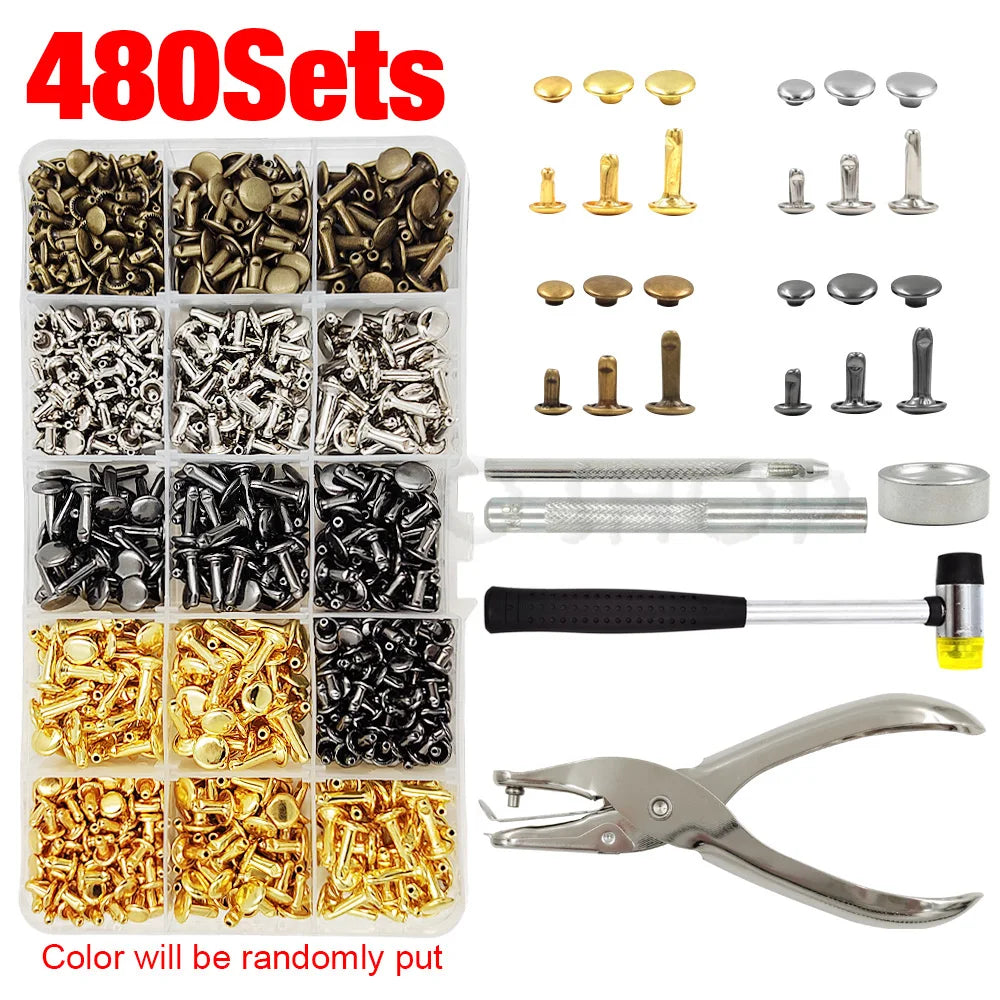 Metal Double Cap Rivets Stud Round Spike Nail With Tool Kits For Shoes Bag Belt Leathercraft Repair Clothing Garment Accessories
