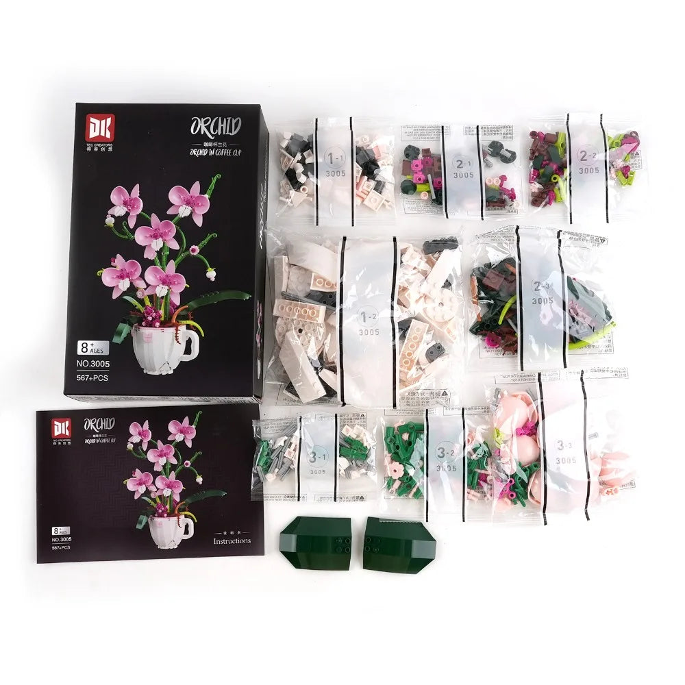 MOC Pink Orchid Flower Bouquet Building Blocks Kit DIY Bonsai Plant Model Romantic Home Decor Creative Gift for Adults Teens