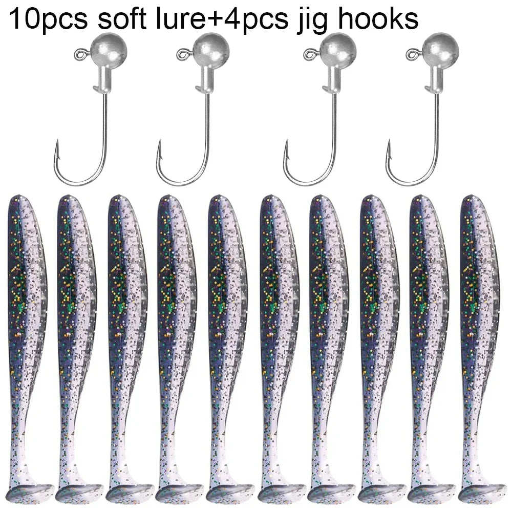 14PCS Gear Kit 10PCS Soft Lure 5.5cm 7cm 10cm T Tail Worm 4PCS Jigging Head Hook 3g 5g 10g Metal Jig Fishing Pesca Swimbait Bait