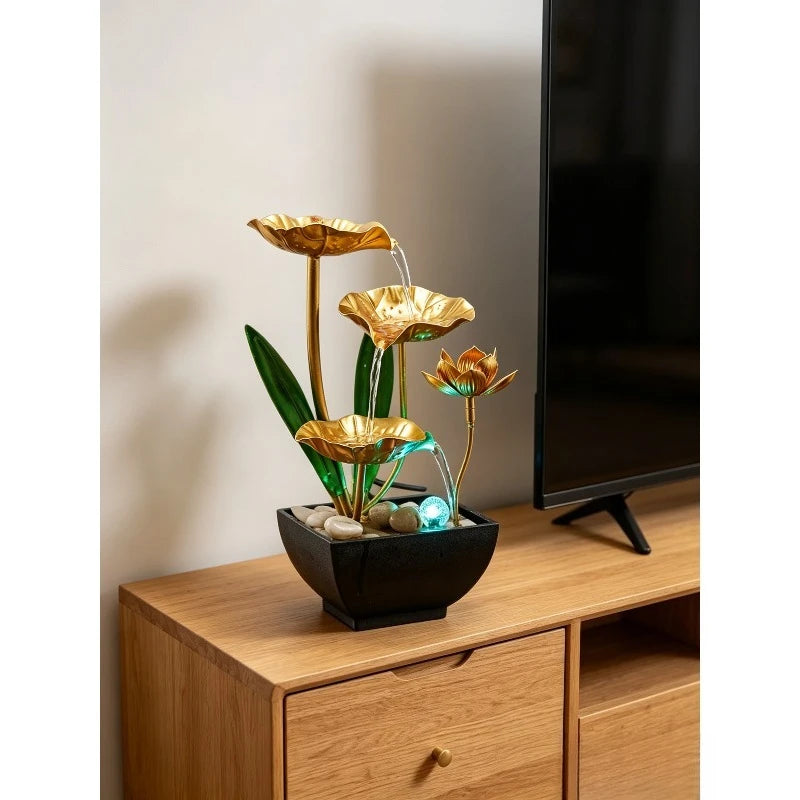 1pcs Lotus Pond Moonlight Water Fountain Circulating Water Ornament Luxury Desktop Decor for Office TV Cabinet Living Room