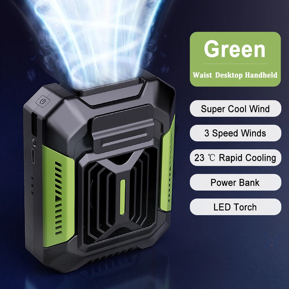 Portable Waist Clip Fan with LED Light, USB Rechargeable Mini Fan Power Bank, Green/Orange
