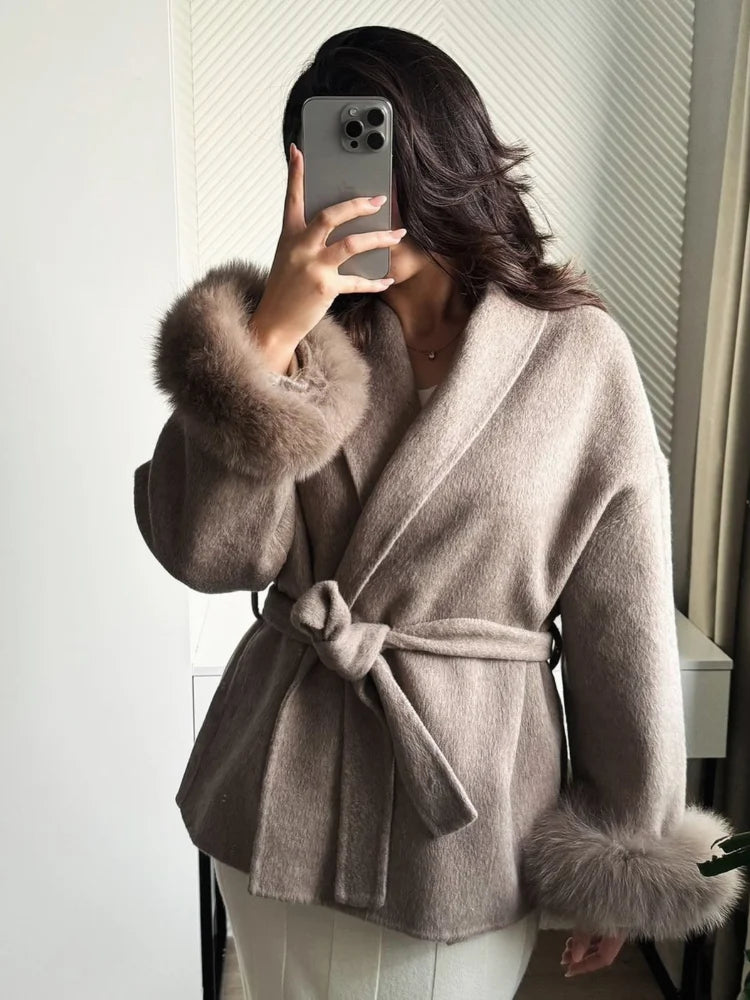 Elegant Lace Up Woolen Coat Women Furry Lapel Fur Patchwork Belt Loose Short Jacket Female Lady 2025 Autumn Winter New Cardigans