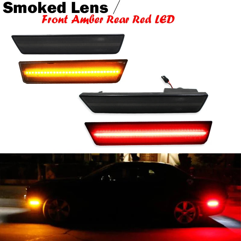 For Dodge Challenger 2008-2014 Clear & Smoked Lens LED Side Marker Lights Dual Row Amber Front Red Rear Side Fender Reflector