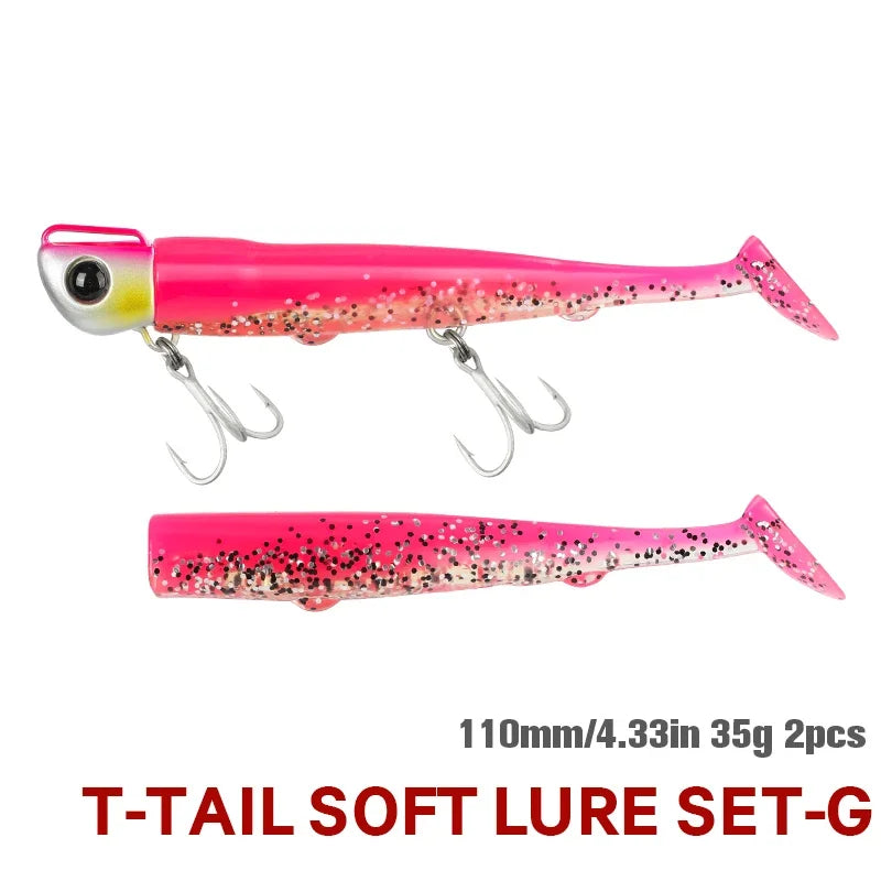 TSURINOYA  9PCS 110mm 35g Long Casting Jig Head T Tail Soft Lure Set Flounder Seabass Fishing Lure Sinking Large Baits