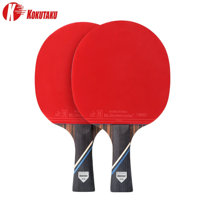 KOKUTAKU 2 Pcs 6 Star Ping Pong Paddle Set X6 Ebony Surface Carbon Table Tennis Racket with Bag for Adults
