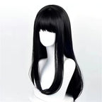 Cosplay wig hat long straight synthetic high temp fiber, breathable cap, natural black