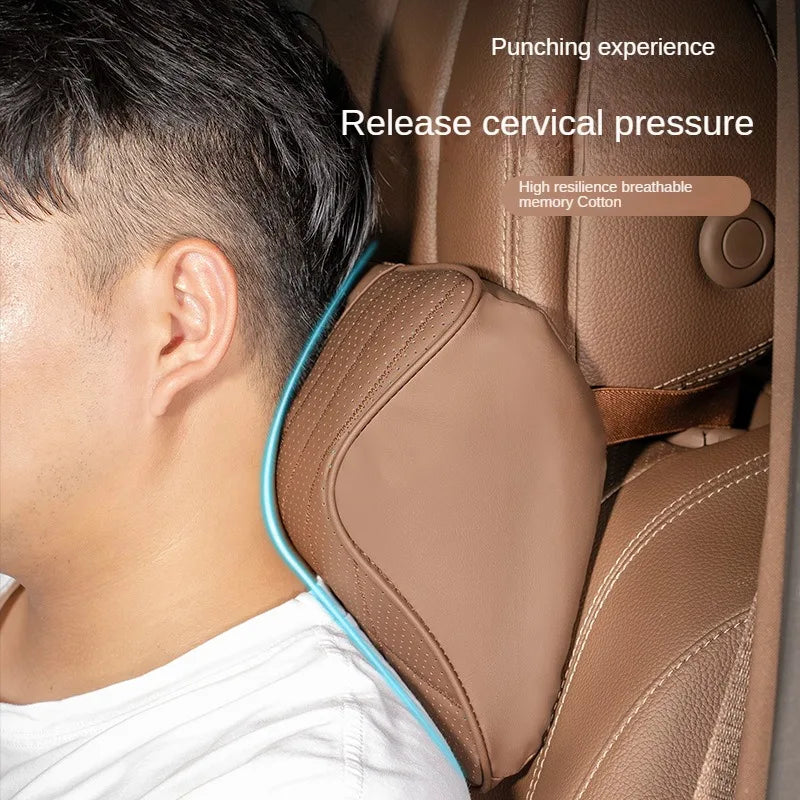 Car Headrest Neck Pillow & Lumbar Support Cushion Set, Leather Cover Memory Foam, Black
