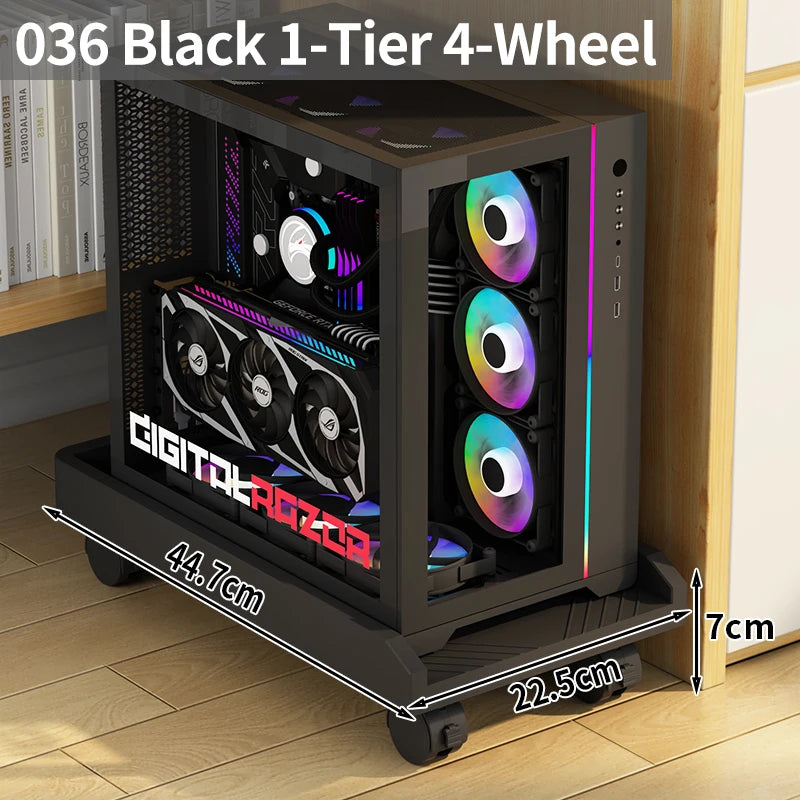 Adjustable Mobile CPU Stand with Wheels, Desktop PC Tower/Printer Cart Shelf, Black/White