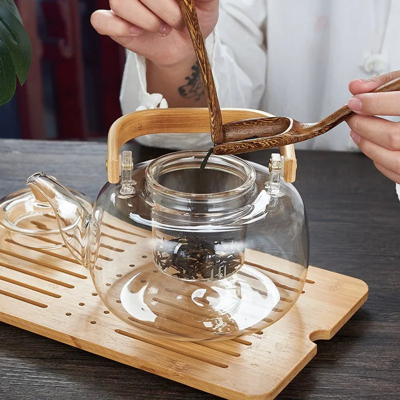 1000/1200ml Teapot High Borosilicate Glass Chinese Tea Ceremony Clear Teapot with Filter Wood Handle for Electric Ceramic Stove