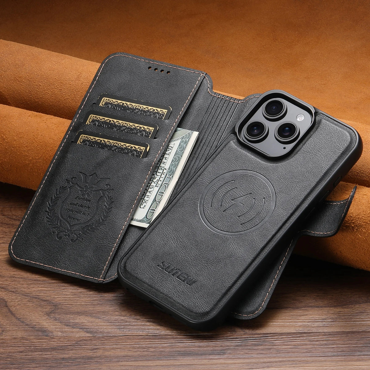 PU Leather Magnetic Flip Wallet Phone Case w/ Card Holder Stand, Wireless Charging for iPhone