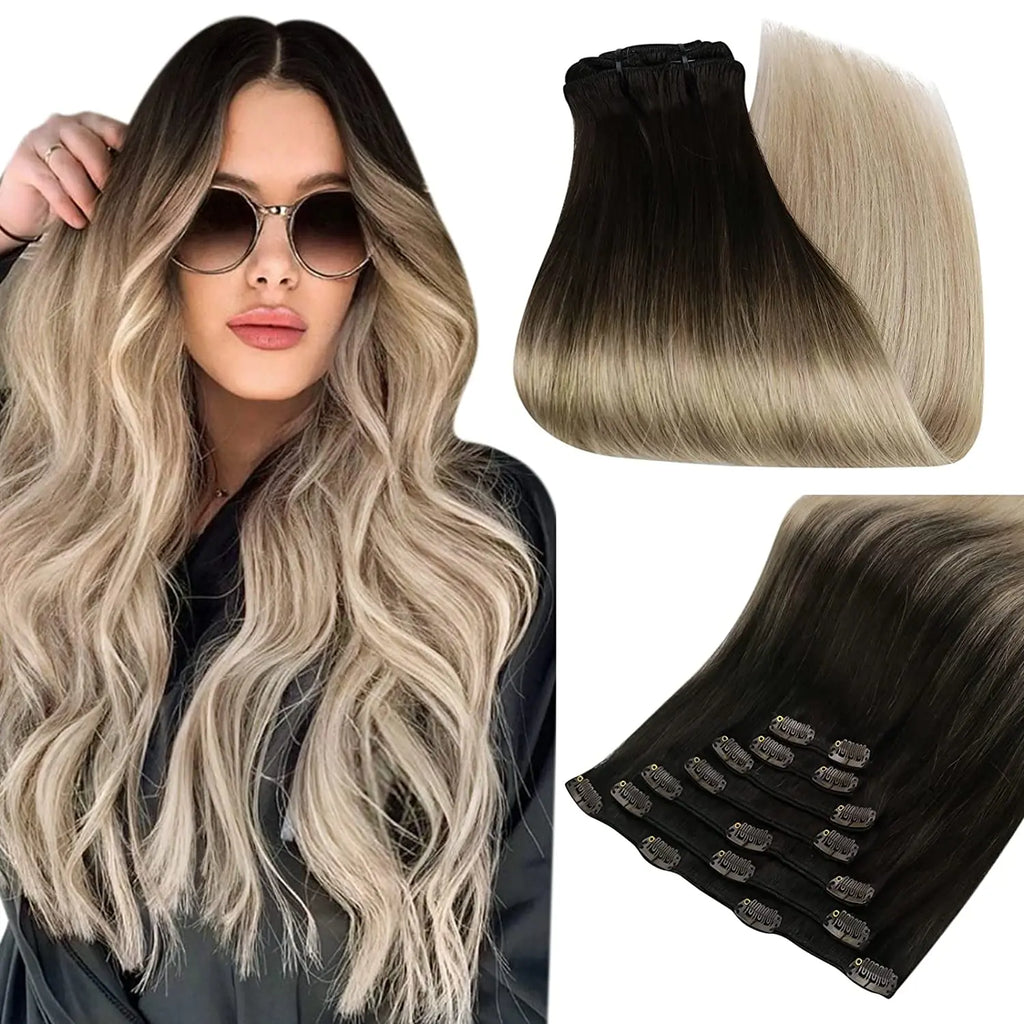 Full Shine Clip-In Human Hair Extensions Remy Double Weft 7pcs 105g Jet Black 12-24in