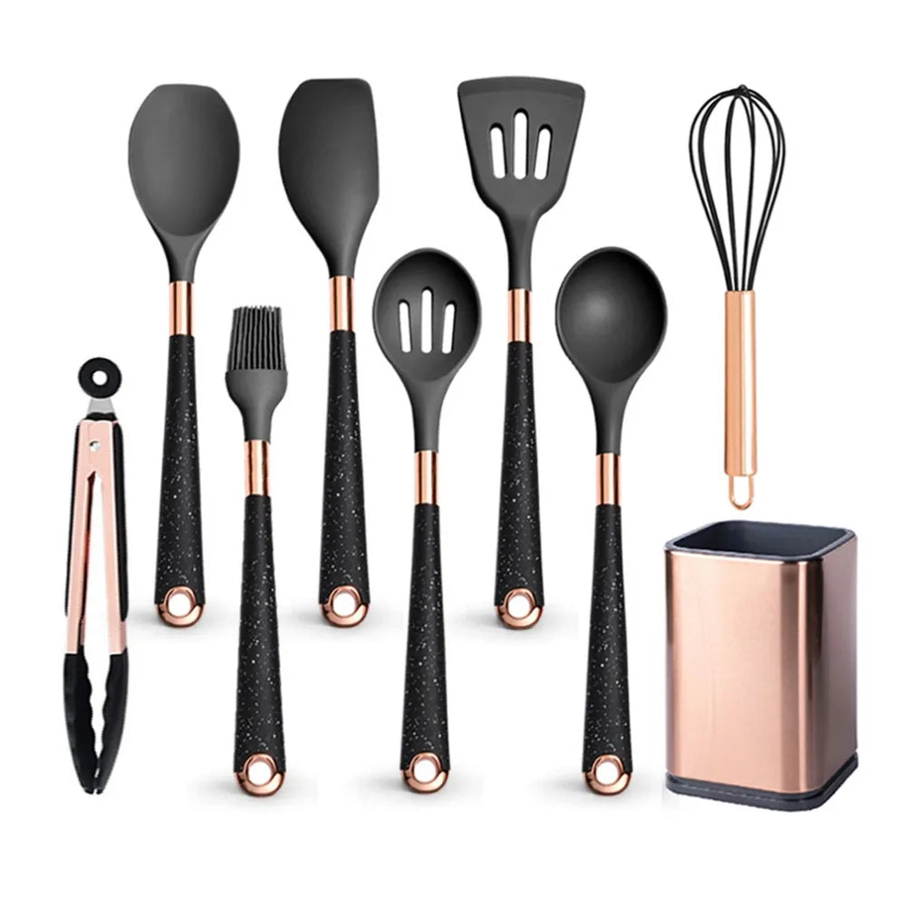 Silicone cooking utensils set with holder bucket, nonstick safe heat resistant, beige/black