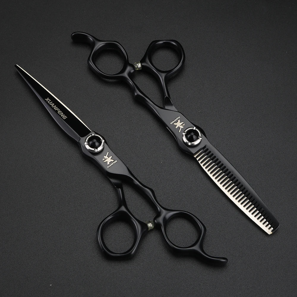 6-inch JP440C steel hair cutting scissors set, black gemstone screw, 2pcs