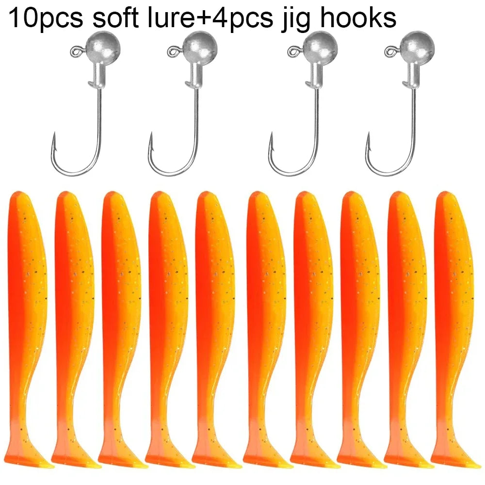 14PCS Gear Kit 10PCS Soft Lure 5.5cm 7cm 10cm T Tail Worm 4PCS Jigging Head Hook 3g 5g 10g Metal Jig Fishing Pesca Swimbait Bait