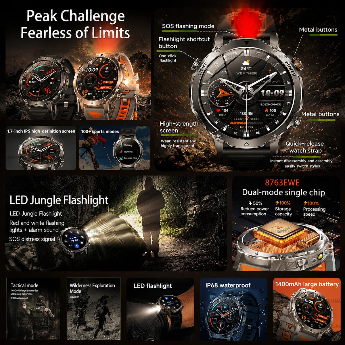 1.7in Sports Smartwatch 1400mAh Battery Bluetooth Call SOS Flashlight Waterproof, Black
