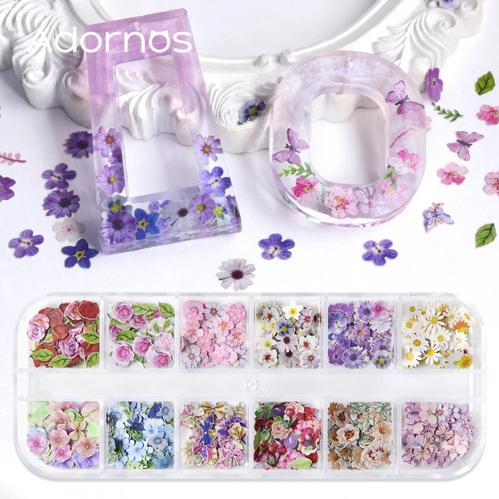 12 Grids Flower Wood Pulp Chips Epoxy Resin Filling Rose Iris Vetiver Flower Butterfly Shape Decorative Paper Flower DIY Crafts