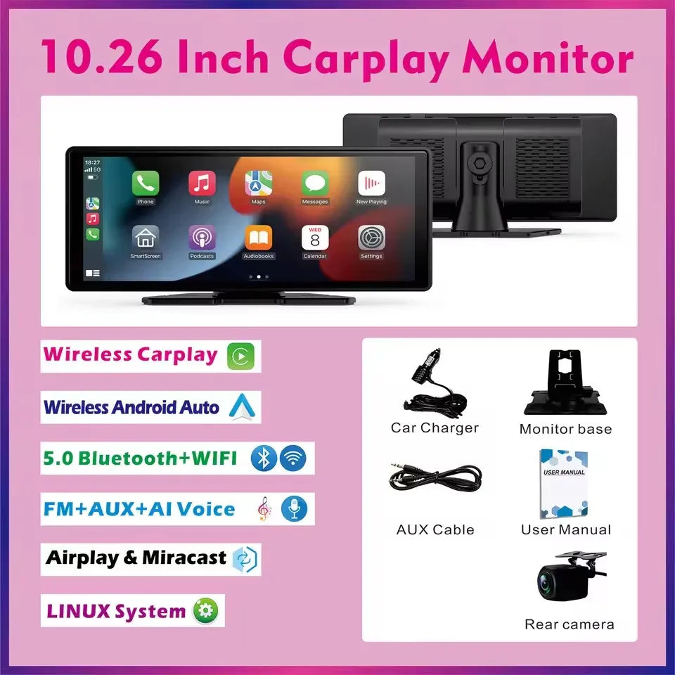 Universal Portable Wireless CarPlay Screen with Android Auto Touchscreen, Rear Camera Options
