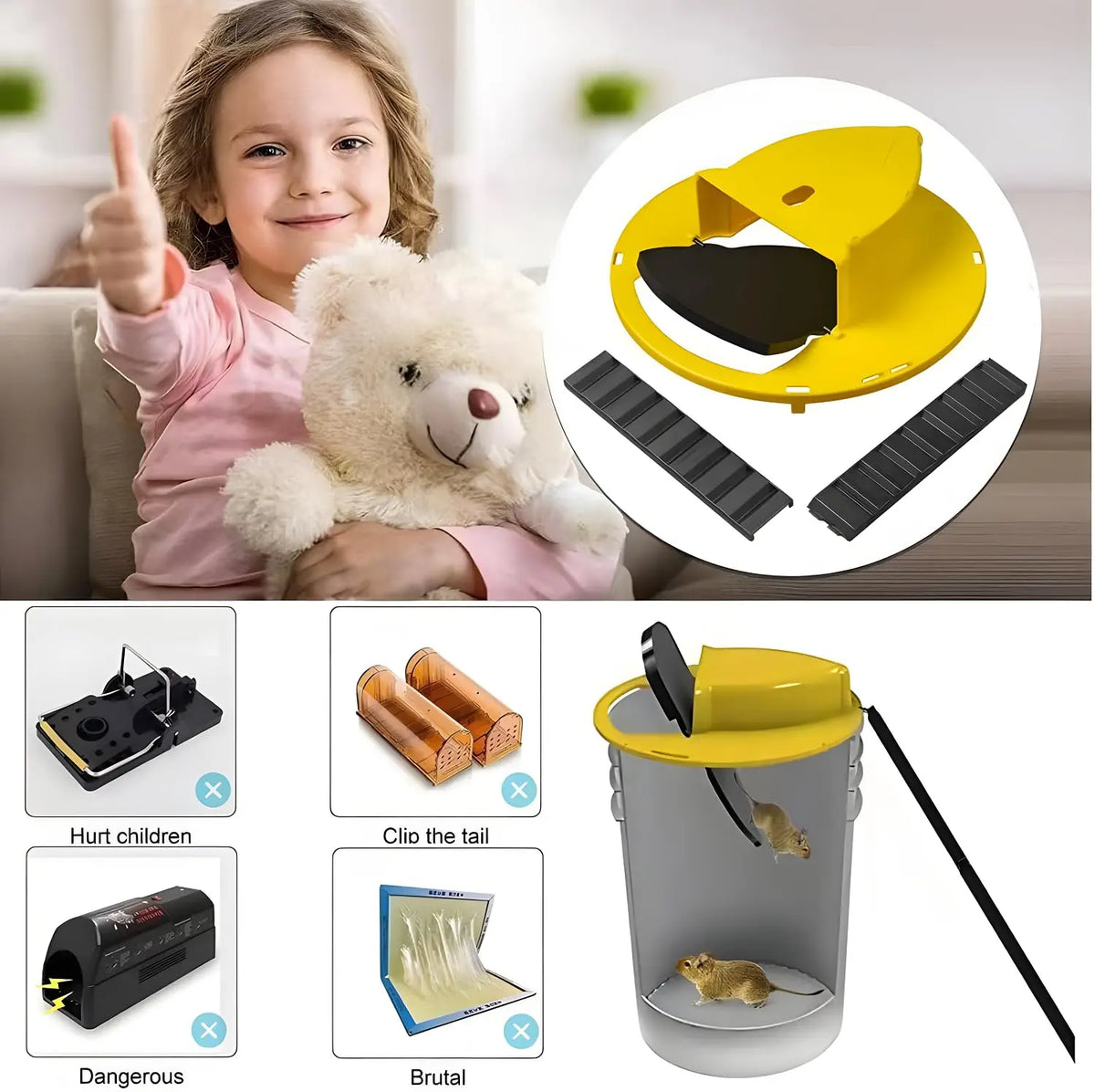 Double-end Mouse Trap Bucket Flip Lid -Multi-Catch Auto-Reset Humane or Lethal Rat Trap ABS Material -5 Gallon Bucket Compatible