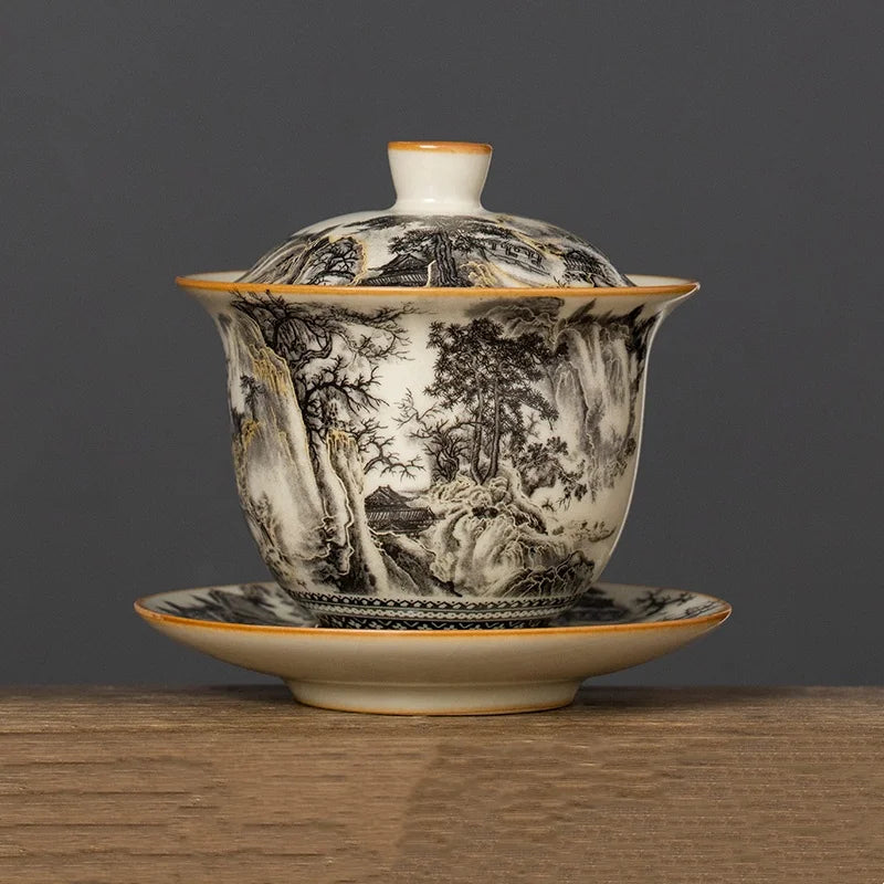160ML Ru Kiln Landscape Porcelain Gaiwan Set For Tea Tureen Teaware Cup Chinese Yellow Ceramic Opening Tea Bowls Tea Ceremony