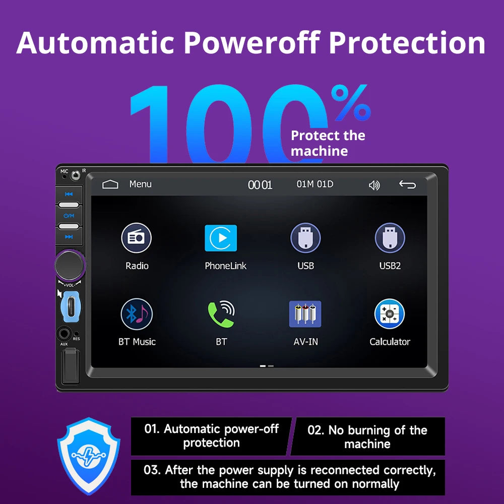 2Din 7'' Bluetooth Car Radio Wireless Carplay Android Auto MP5 For Car Mirror Link Type-C Charging AUX FM Universal Car Audio