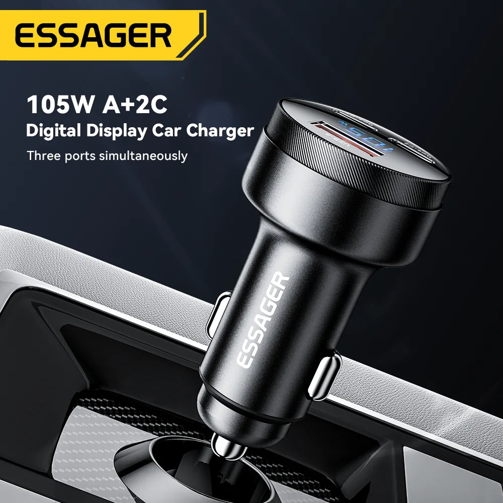 Essager 105W Digital Display Fast Car Charger For iPhone 15 14 pro MacBook USB A C Quick Charger For Xiaomi Samsung OPPO
