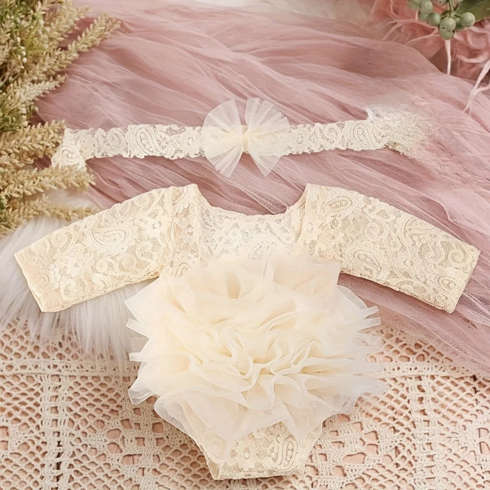 Newborn Lace Flower Headband And Bodysuit Set For 100th Day Baby Photoshoot Outfit Infant Photo Prop Baby Shower Gift