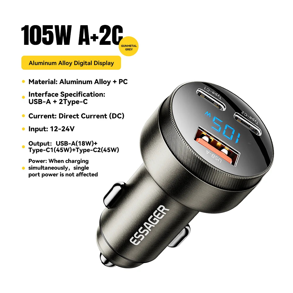 Essager 105W Digital Display Fast Car Charger For iPhone 15 14 pro MacBook USB A C Quick Charger For Xiaomi Samsung OPPO