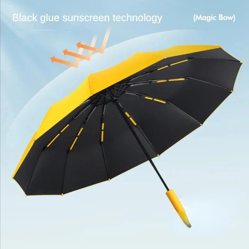 72-Rib Windproof Automatic Folding Umbrella, Reinforced Frame, UV Sun & Rain, Black