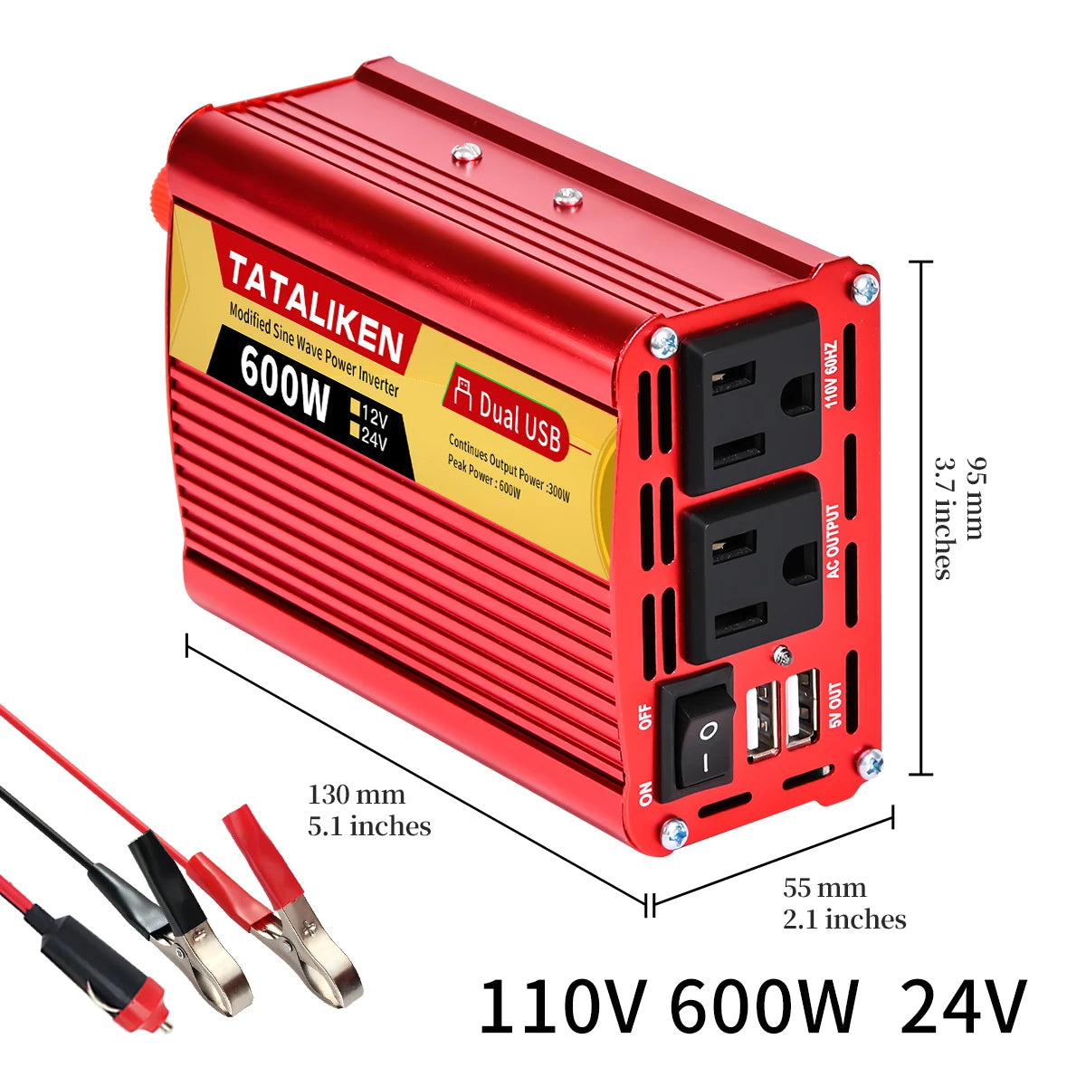 Car Power Inverter DC 12V/24V to AC 110V 60Hz 600W-2500W Vehicle Converter
