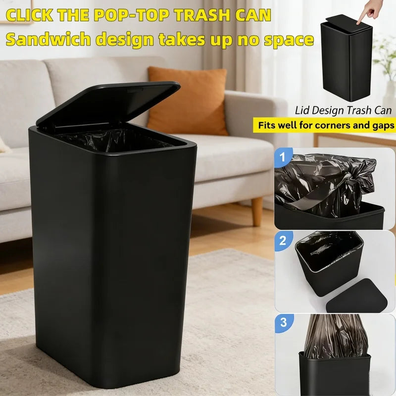 10L Pop-Up Ultra-Thin Trash Can, Bathroom And Kitchen Trash Can, Space-Saving, Leak-Proof And Odor-Proof Trash Can With Lid
