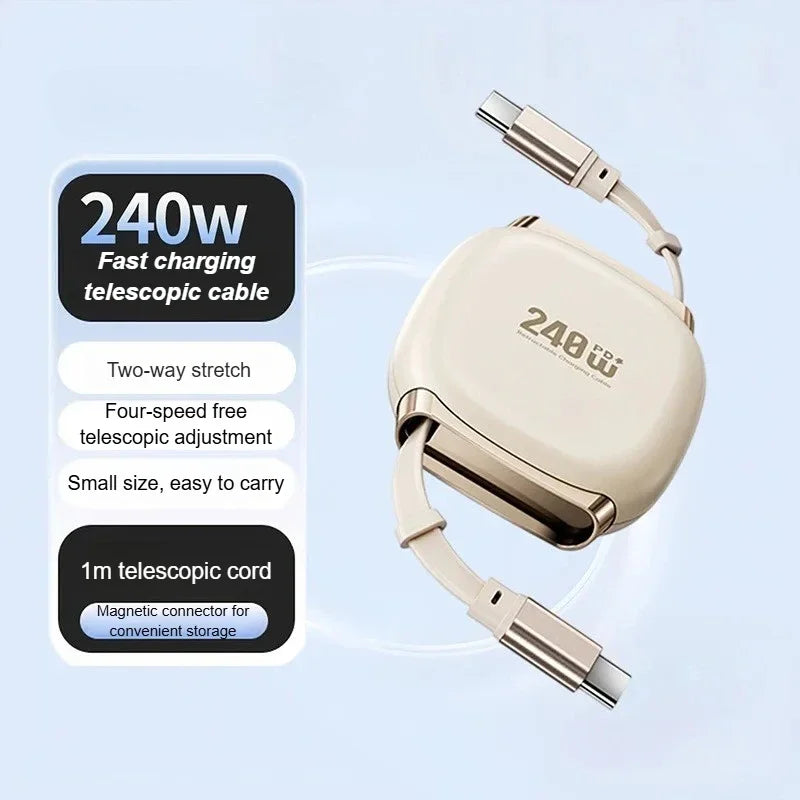 240W Retractable Fast Charging Cable USB C To C Auto Coiling for Travel Charging Phone Tablet Laptop for IPhone Samsung